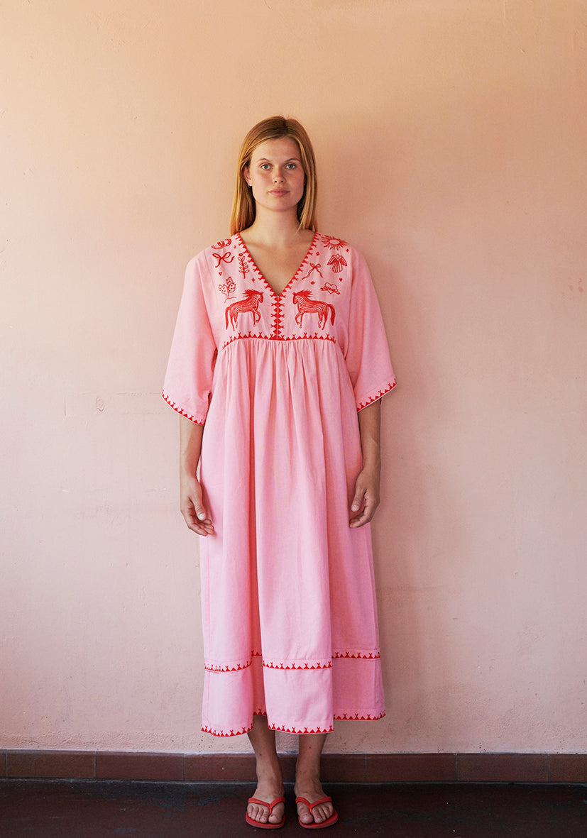 HABIBA POLLY EMBROIDERY DRESS 3/4 SLEEVE Dress FLAMINGO